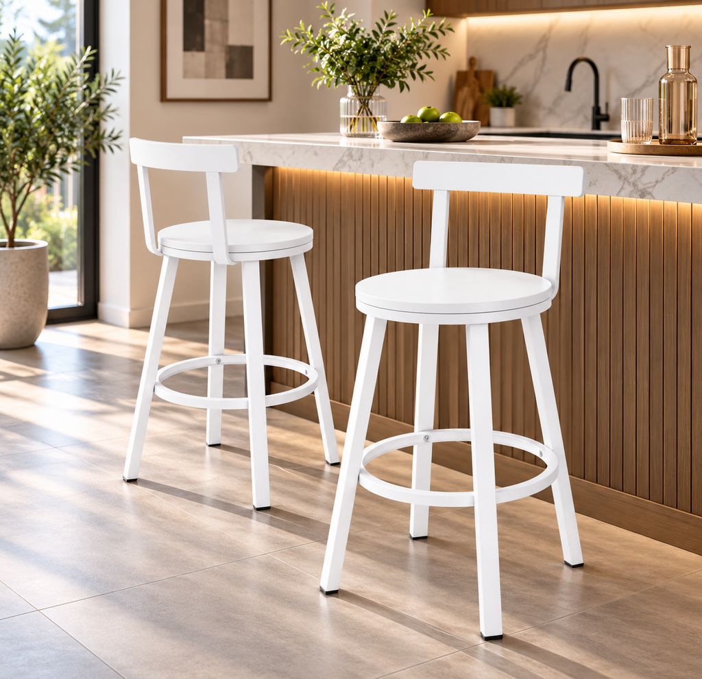 Lot de 2 tabourets de cuisine style industriel, structure acier, assise bois