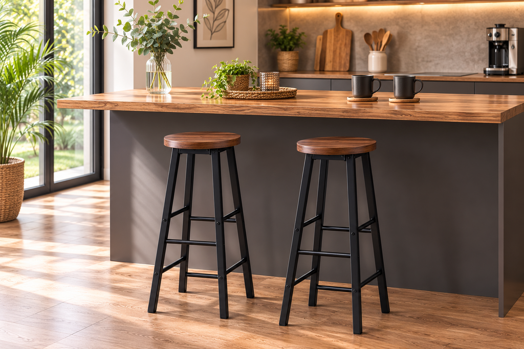 Lot de 2 tabourets de bar hauts, structure acier, assise MDF, style industriel