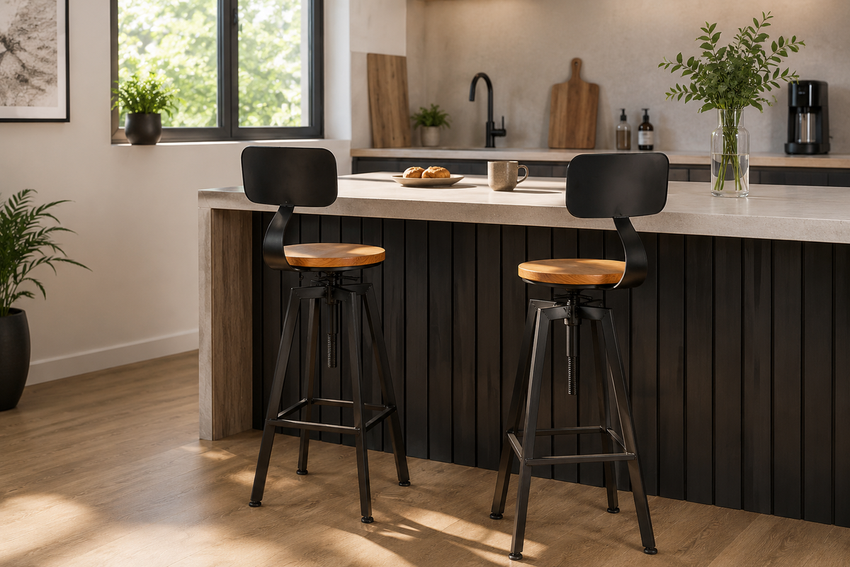 Lot de 2 tabourets de bar bois et métal, pivotants, hauteur réglable, noir