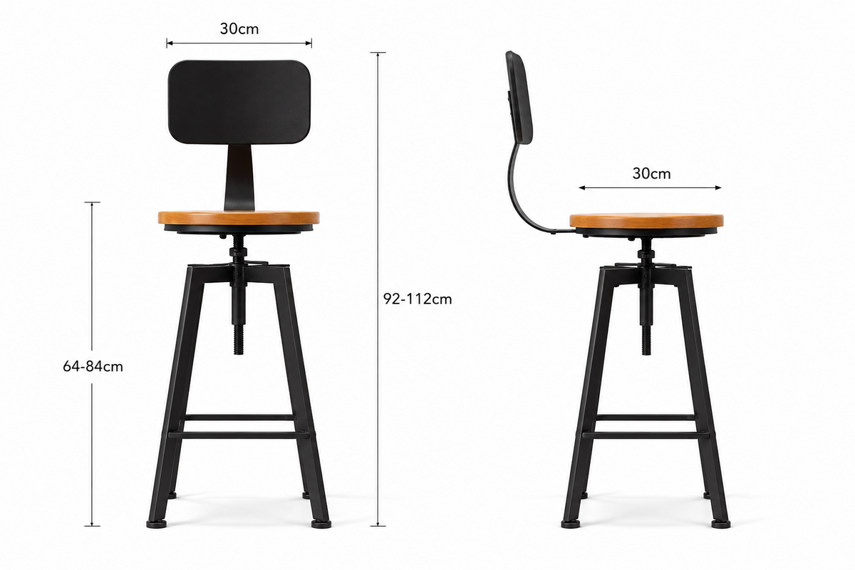 Lot de 2 tabourets de bar bois et métal, pivotants, hauteur réglable, noir