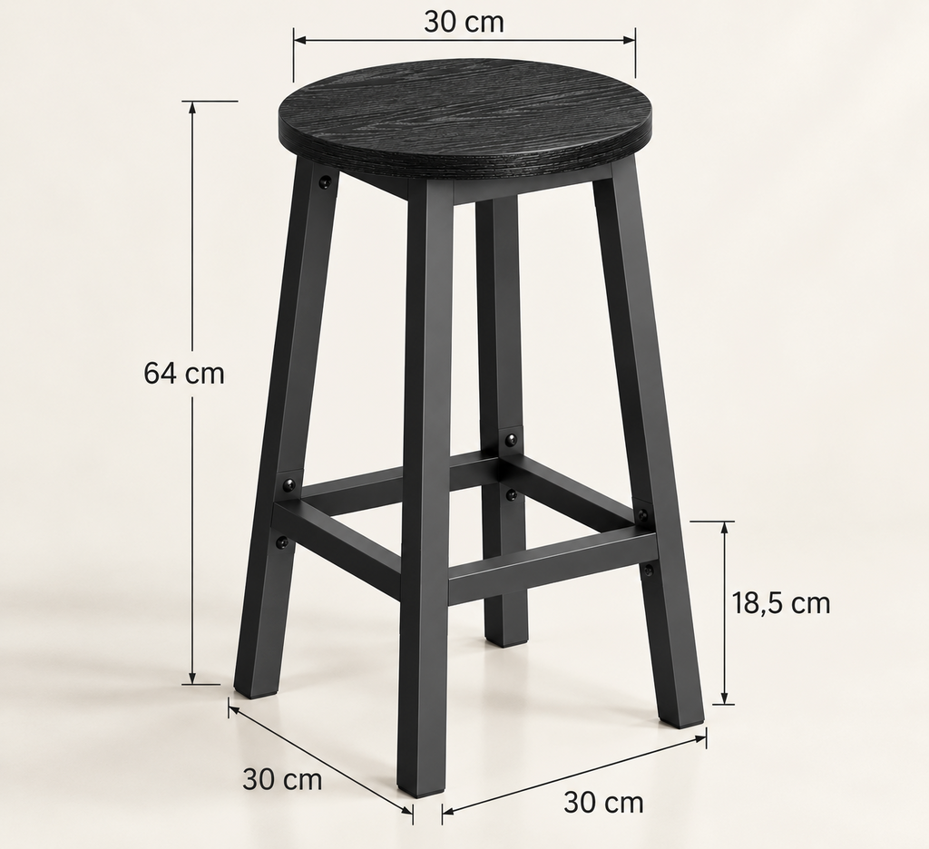 Lot de 2 tabourets de bar compacts assise ronde, structure acier, 65 cm