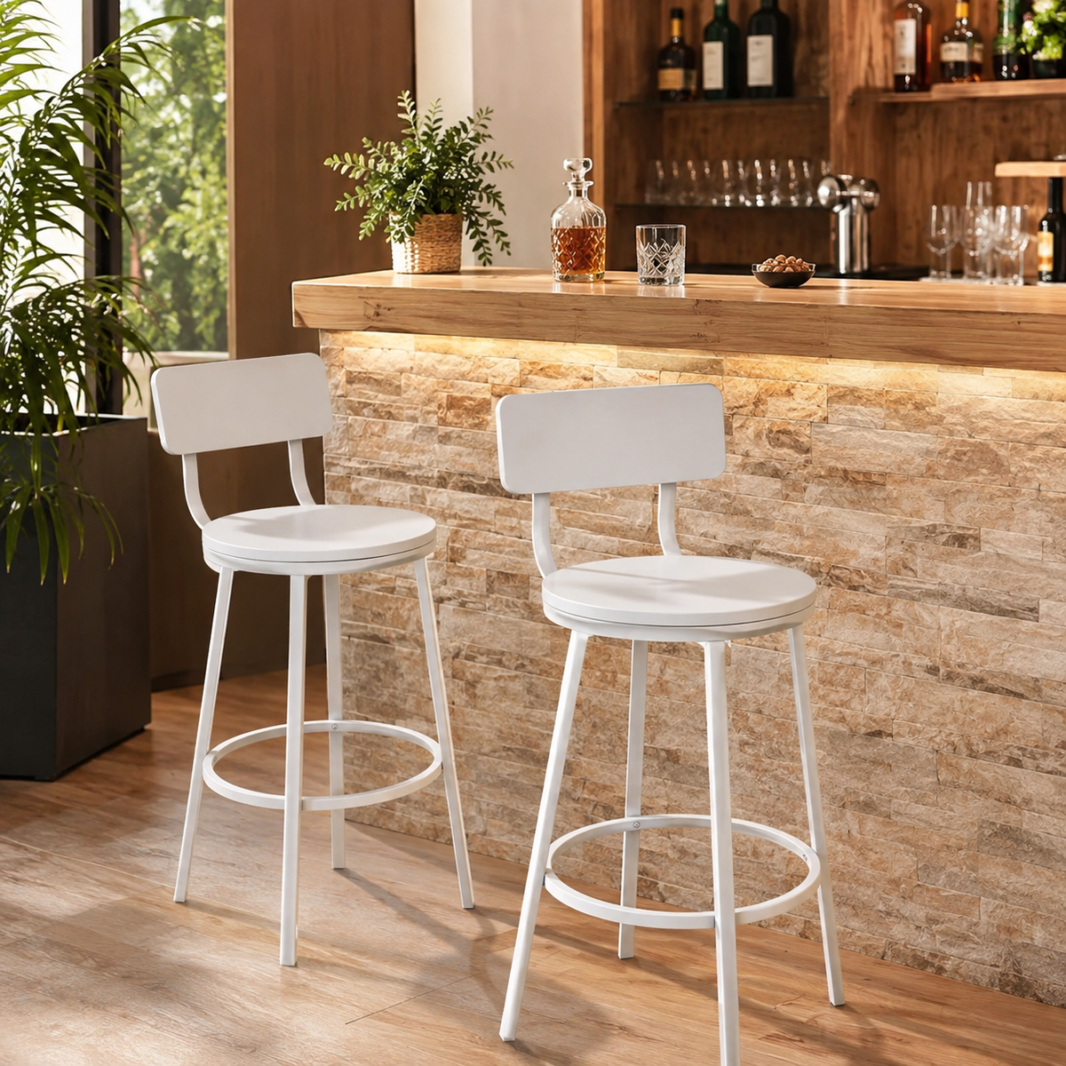 Lot de 2 tabourets de bar style vintage, bois et métal, repose-pieds