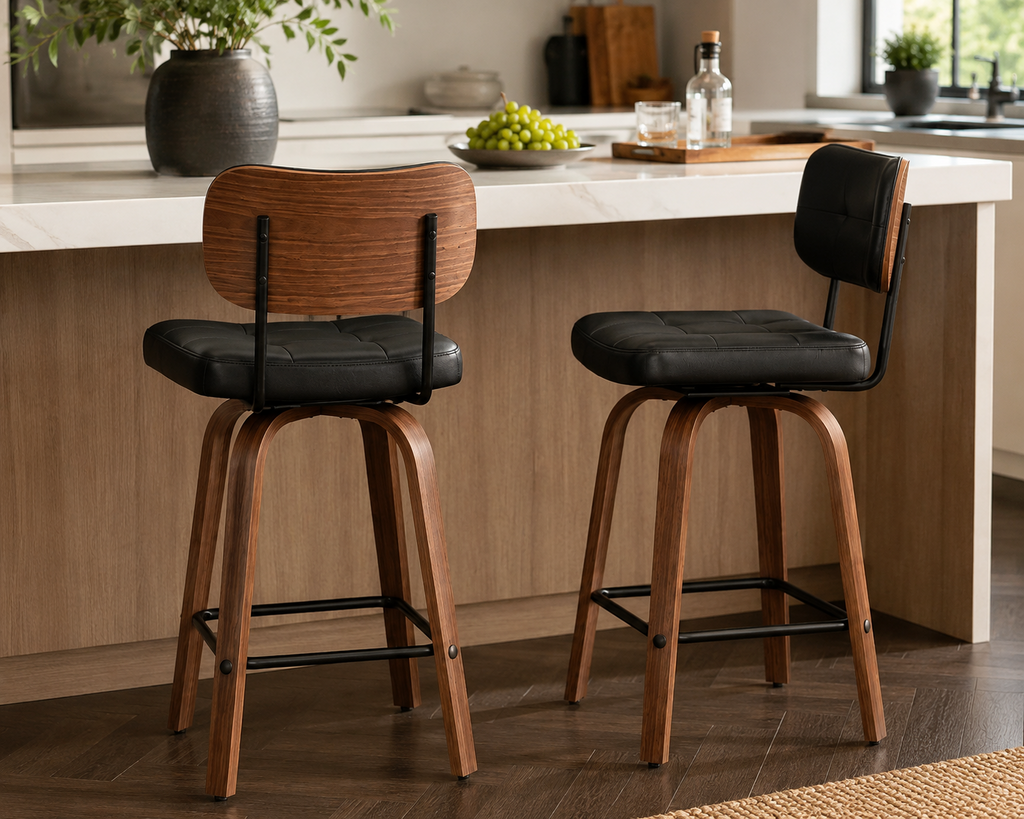 Lot de 2 tabourets de bar pivotants, pieds bois incurvés, simili cuir