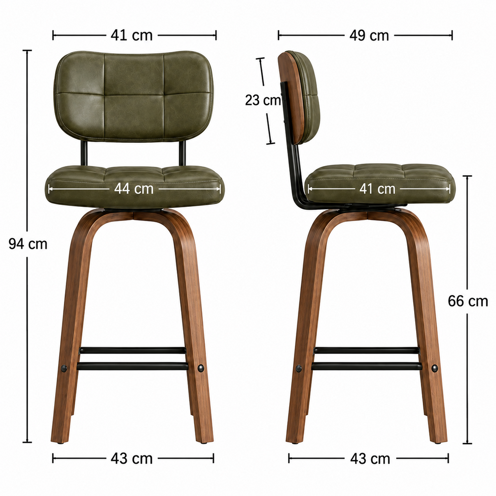 Lot de 2 tabourets de bar pivotants, pieds bois incurvés, simili cuir