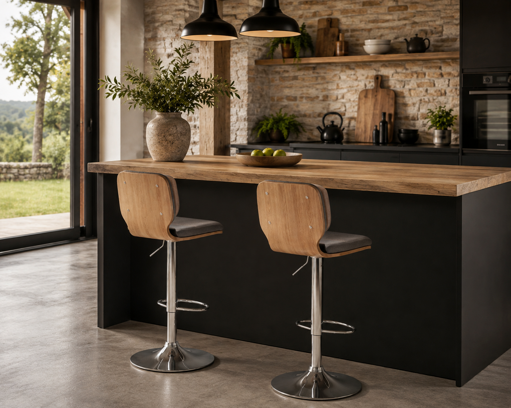 Lot de 2 tabourets de bar pivotants, tissu aspect lin, gris