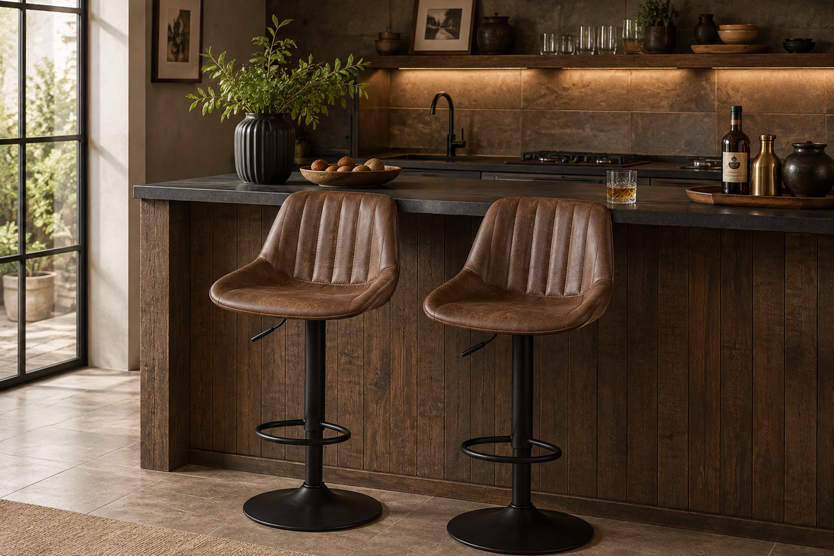 Lot de 2 tabourets de bar pivotants style vintage, réglables, marron