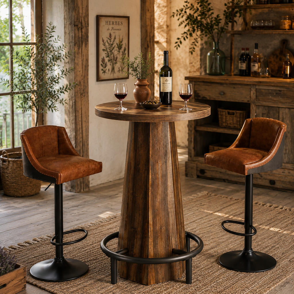 Table de bar ronde avec repose-pieds en métal, marron