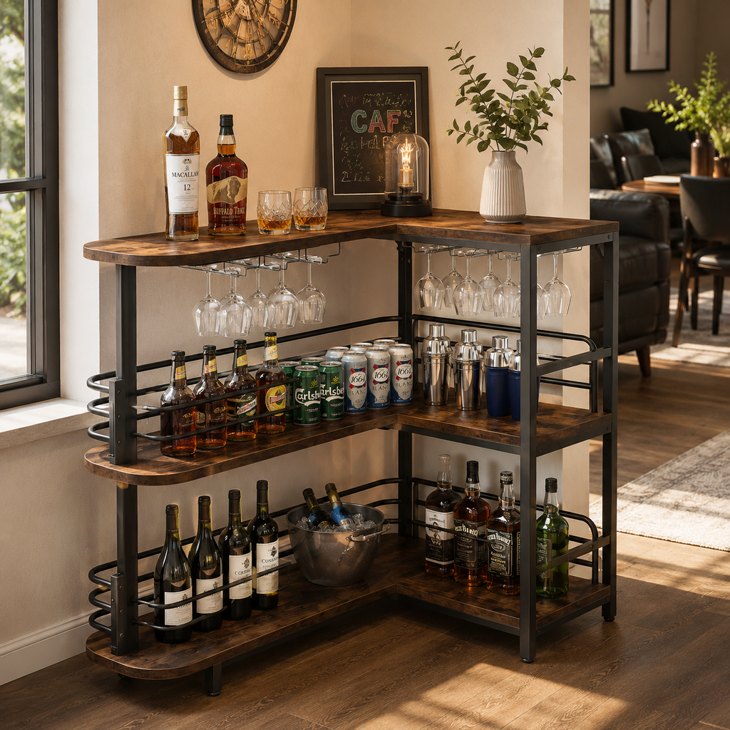 Meuble bar d'angle 3 niveaux avec étagères de rangement et support à verres, brun