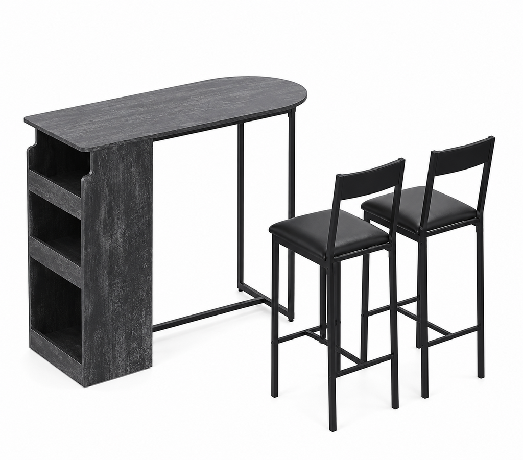 Ensemble table de bar et 2 chaises avec étagère de rangement 3 niveaux, bois