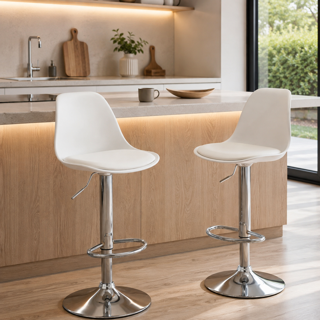 Lot de 2 tabourets de bar hauts pivotants, dossier et repose-pieds, blanc