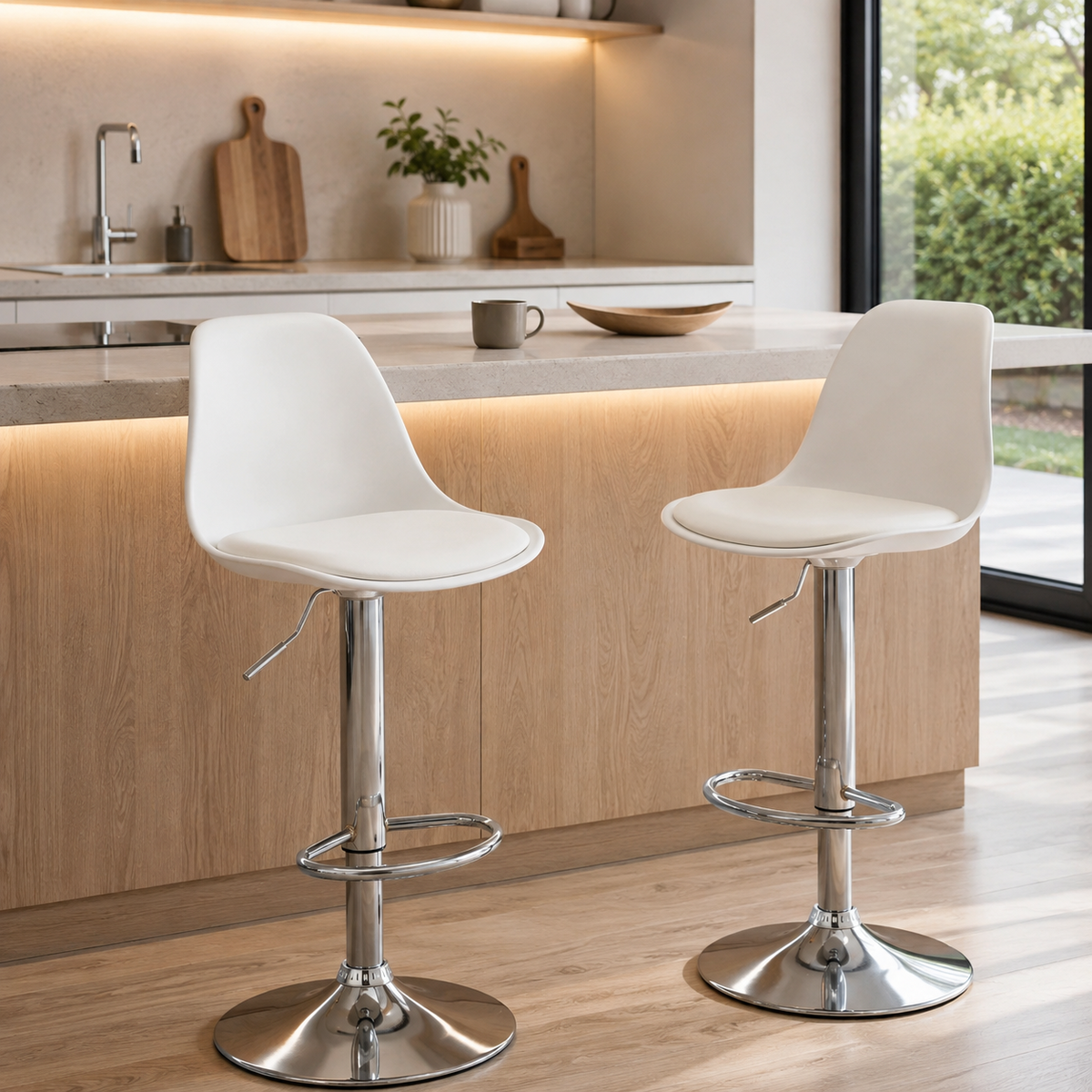 Lot de 2 tabourets de bar hauts pivotants, dossier et repose-pieds, blanc
