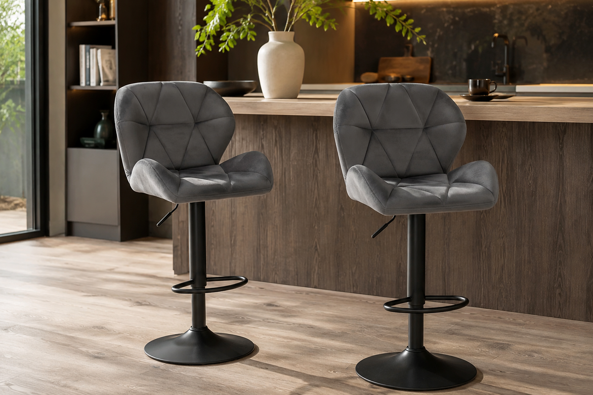 Lot de 2 tabourets de bar pivotants, velours ou simili cuir, hauteur réglable