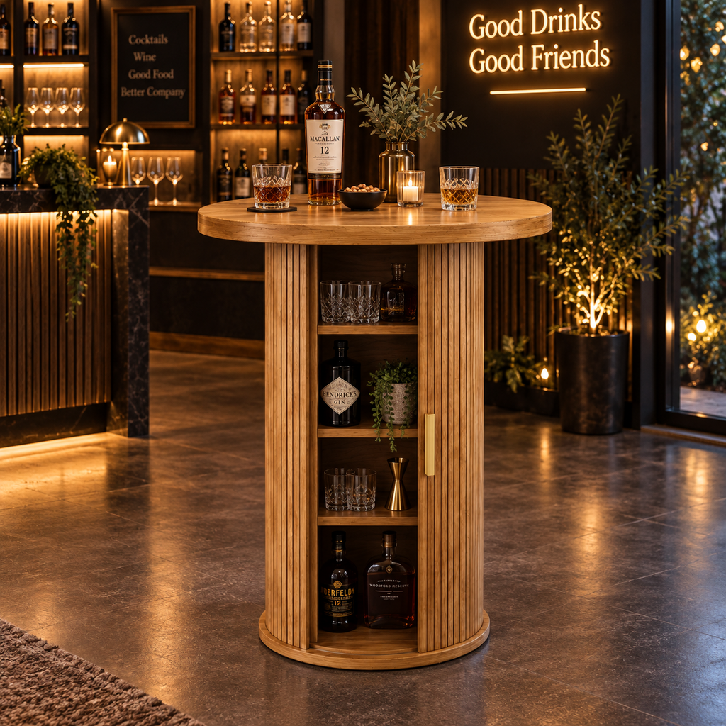 Table de bar ronde 60 cm avec meuble de rangement 4 étagères, effet bois