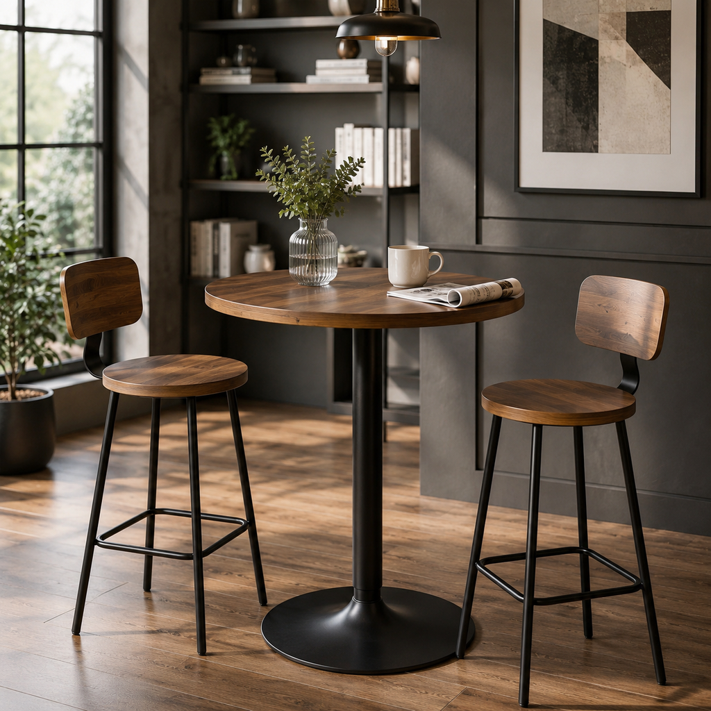 Table de bar ronde 60 cm, plateau bois et pied métal, noyer