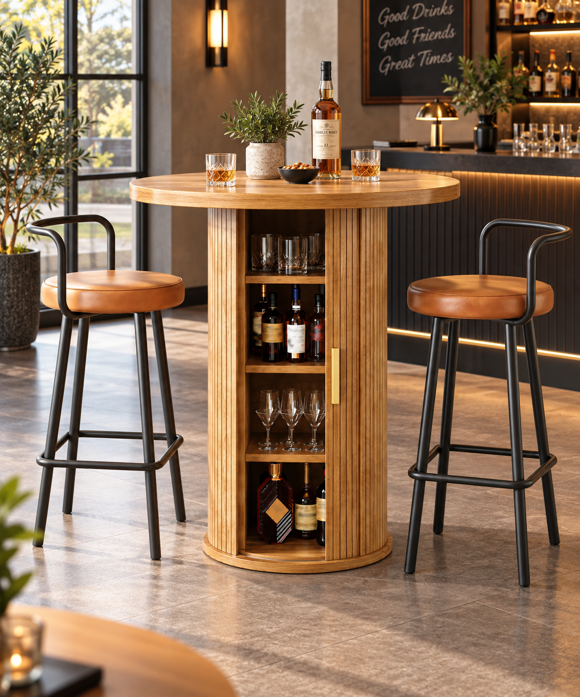 Table de bar ronde 60 cm avec meuble de rangement 4 étagères, effet bois