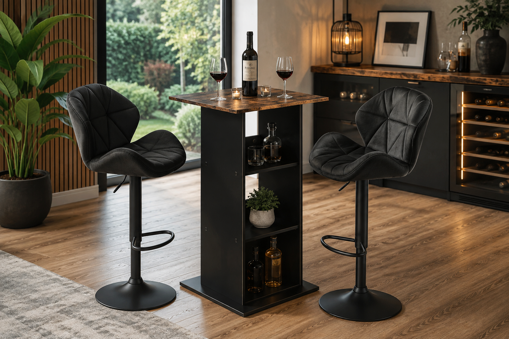 Table de bar carrée 60x60 cm avec 3 étagères de rangement, bois, brun rustique