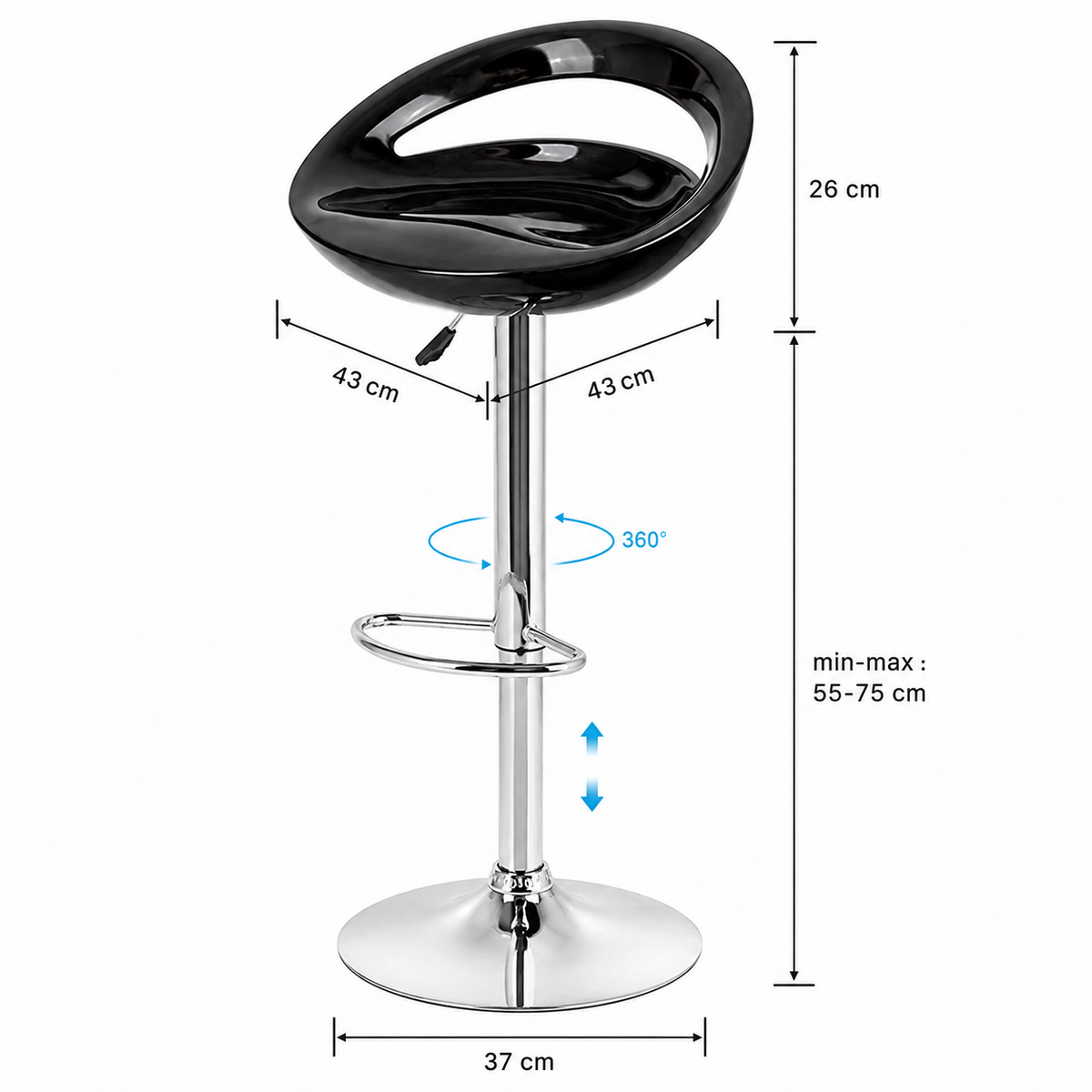 Lot de 2 tabourets de bar avec dossier, hauteur réglable