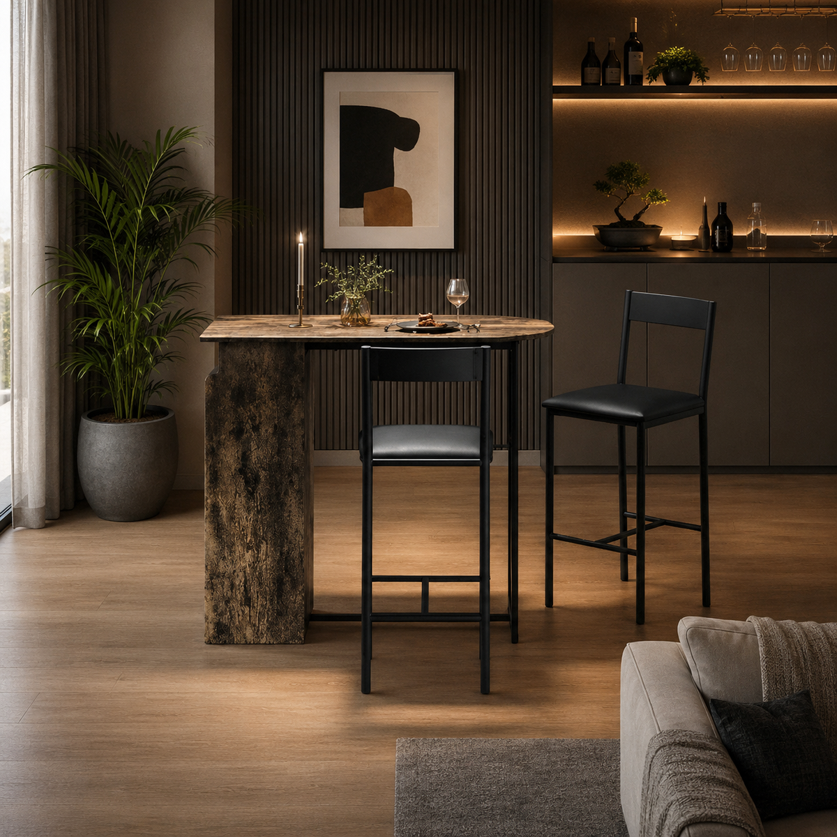 Ensemble table de bar et 2 chaises avec étagère de rangement 3 niveaux, bois