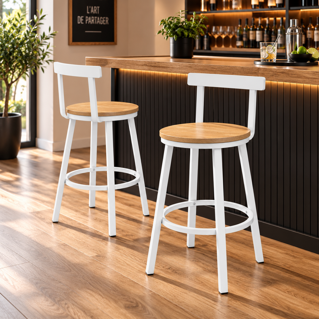 Lot de 2 tabourets de cuisine style industriel, structure acier, assise bois
