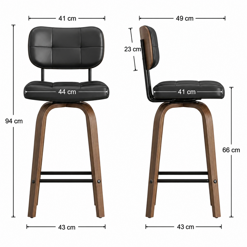 Lot de 2 tabourets de bar pivotants, pieds bois incurvés, simili cuir