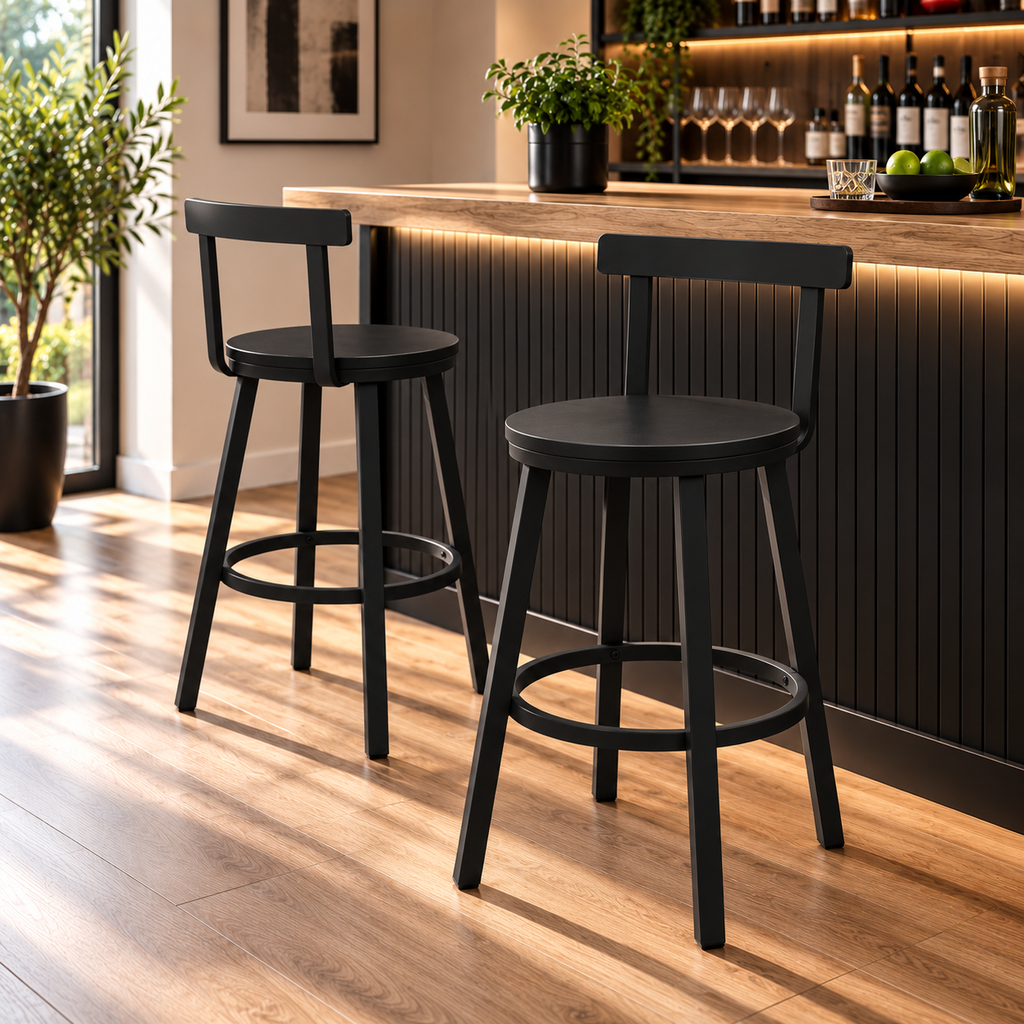 Lot de 2 tabourets de cuisine style industriel, structure acier, assise bois