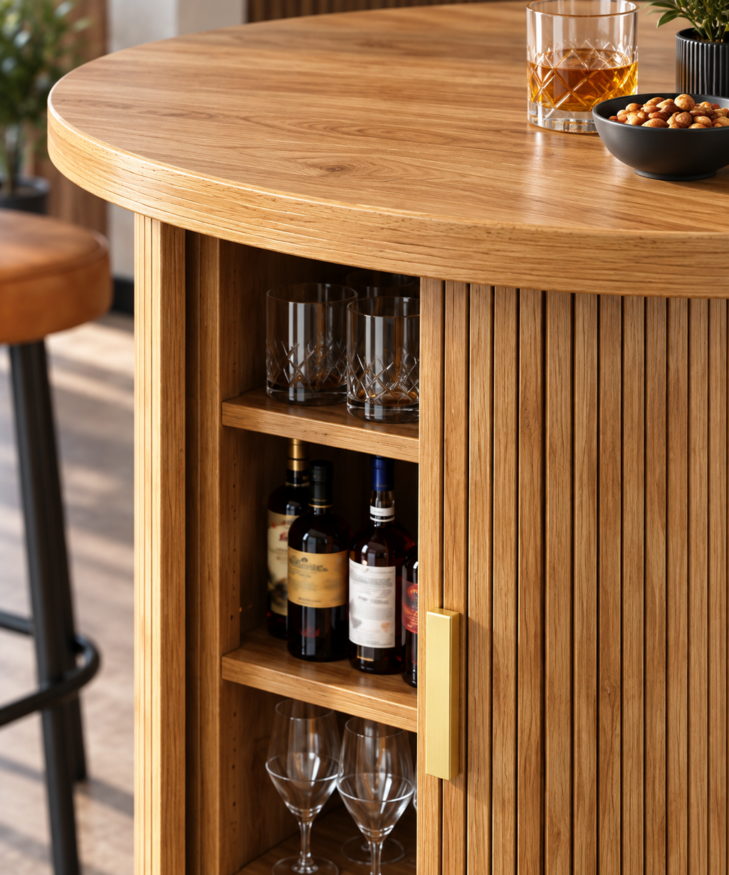 Table de bar ronde 60 cm avec meuble de rangement 4 étagères, effet bois