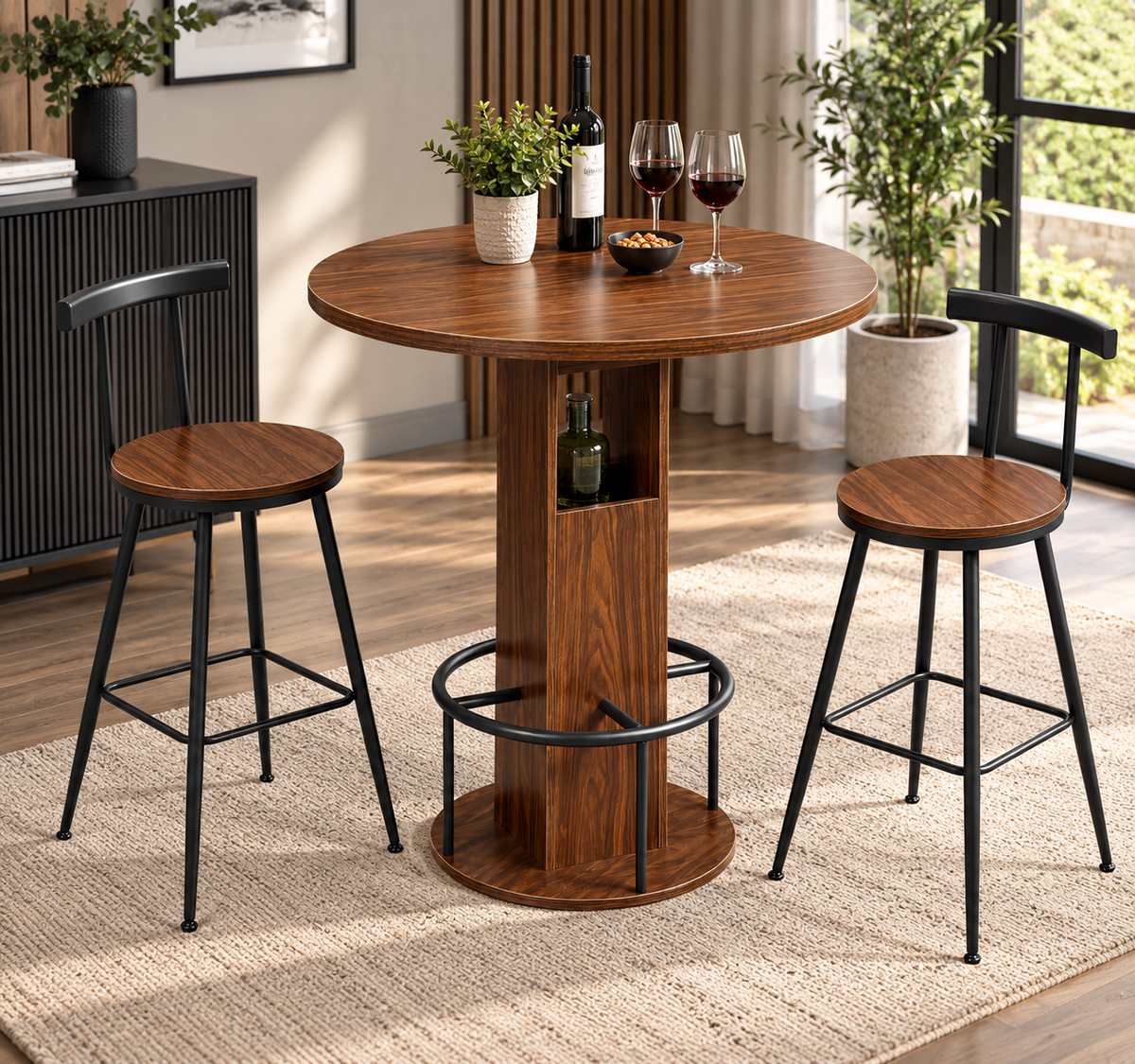 Ensemble table de bar ronde 80 cm et 2 tabourets, repose-pieds métallique, noir/noyer