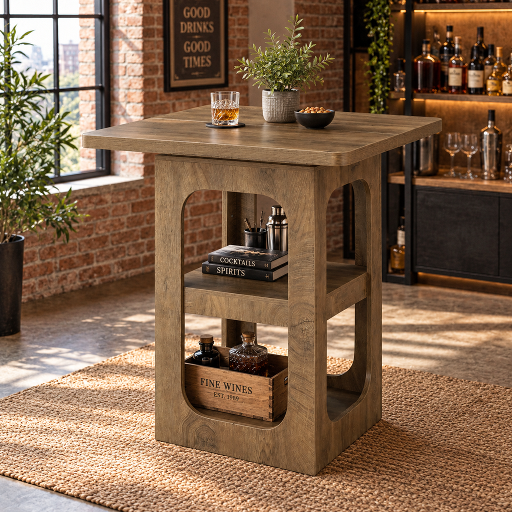 Table de bar carrée avec étagères de rangement 3 niveaux, bois