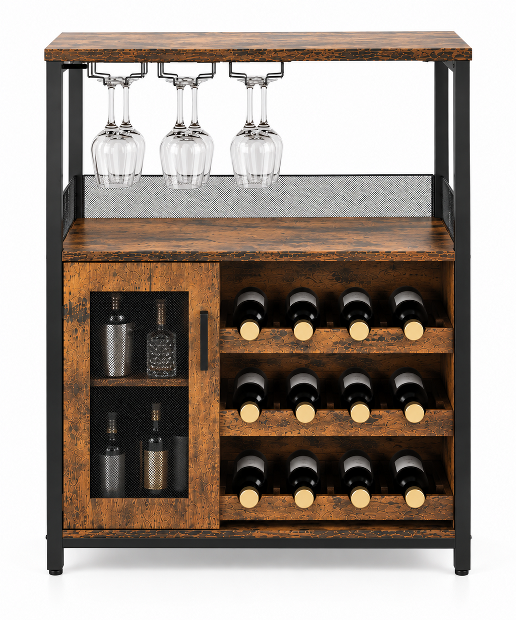 Meuble bar 3 niveaux avec porte-bouteilles amovible et porte grillagée, brun rustique