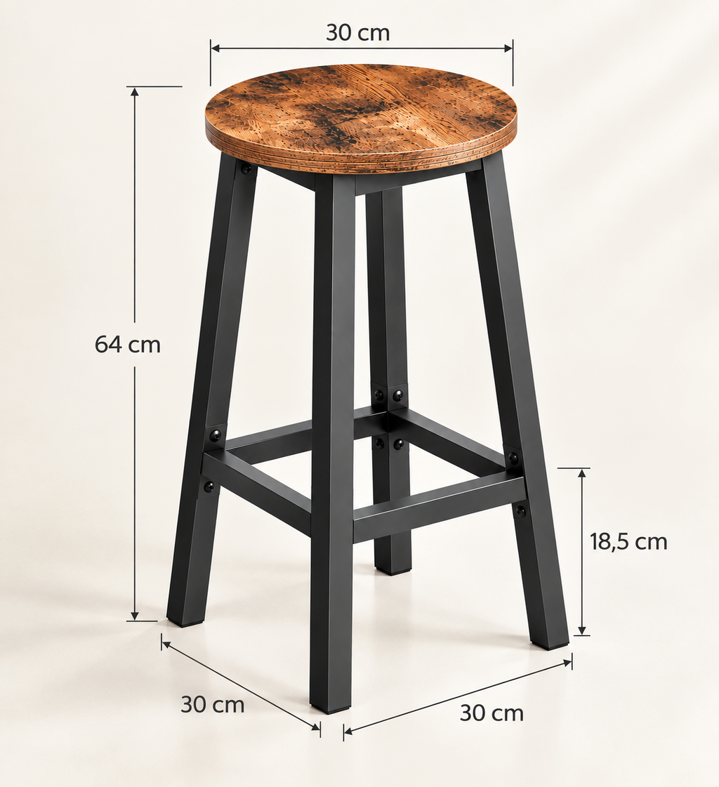 Lot de 2 tabourets de bar compacts assise ronde, structure acier, 65 cm