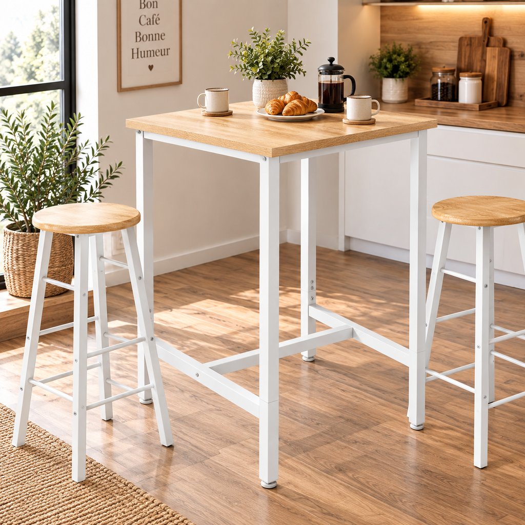 Table de bar carrée 60x60 cm, hauteur 100 cm, plateau bois et métal