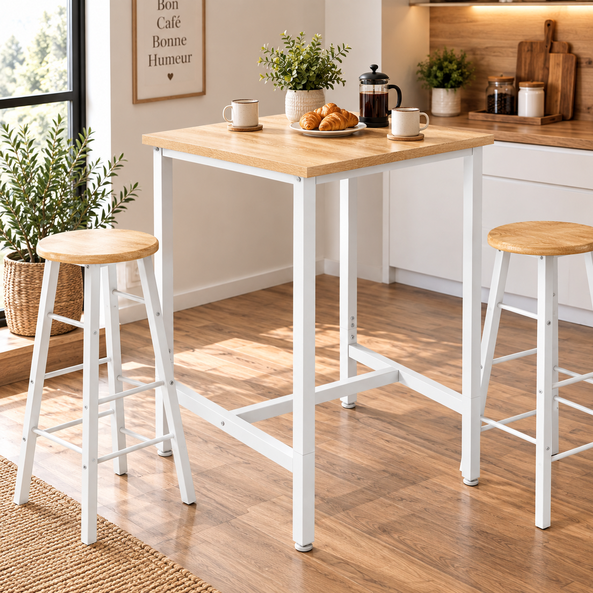 Table de bar carrée 60x60 cm, hauteur 100 cm, plateau bois et métal