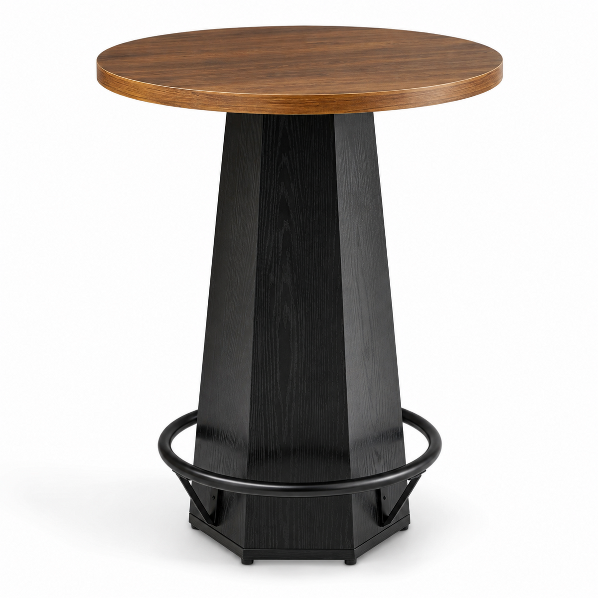 Table de bar ronde 100 cm, plateau bois avec repose-pieds métal, style rétro