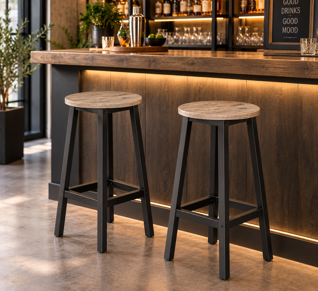 Lot de 2 tabourets de bar compacts assise ronde, structure acier, 65 cm
