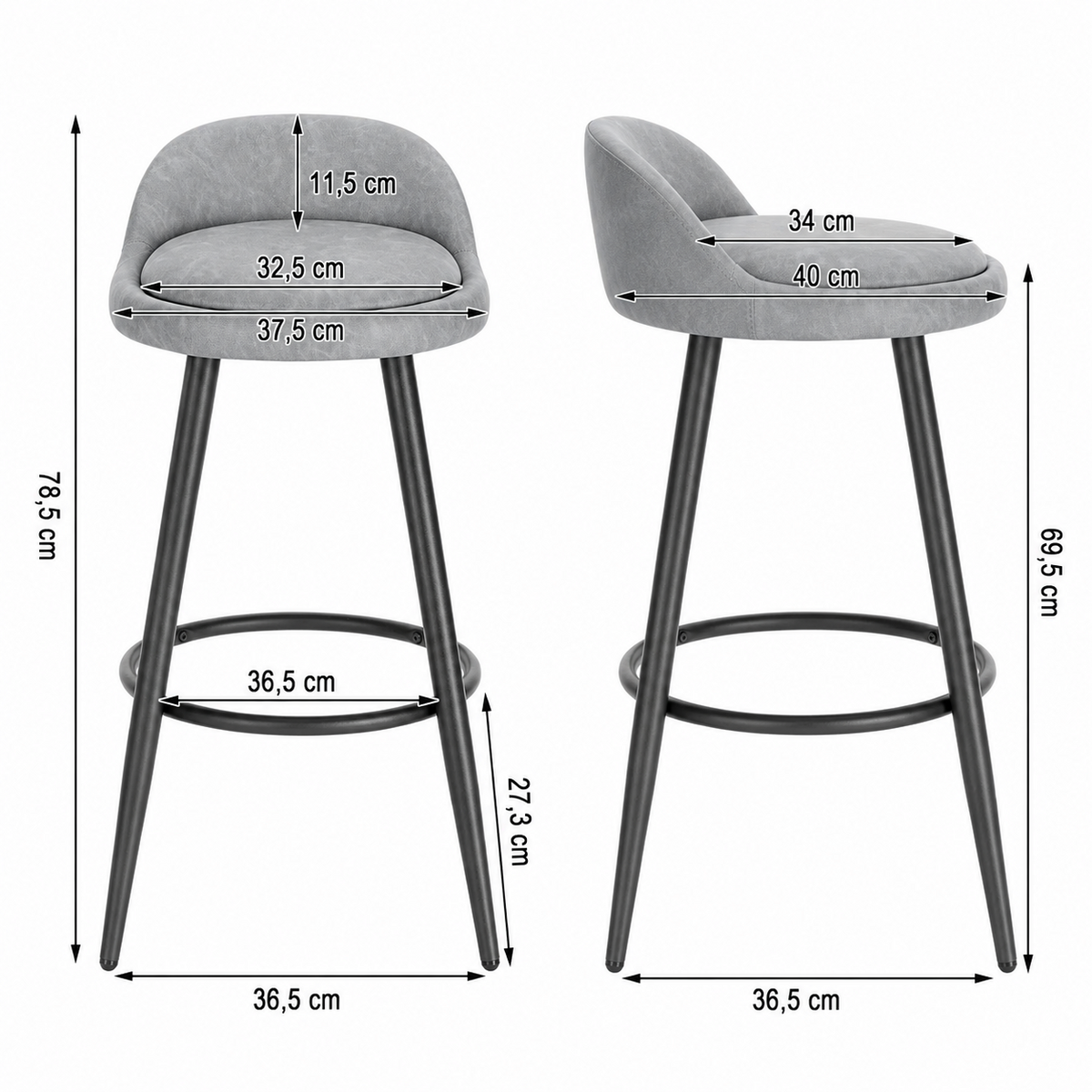 Lot de 2 tabourets de bar avec repose-pieds, assise rembourrée velours ou cuir