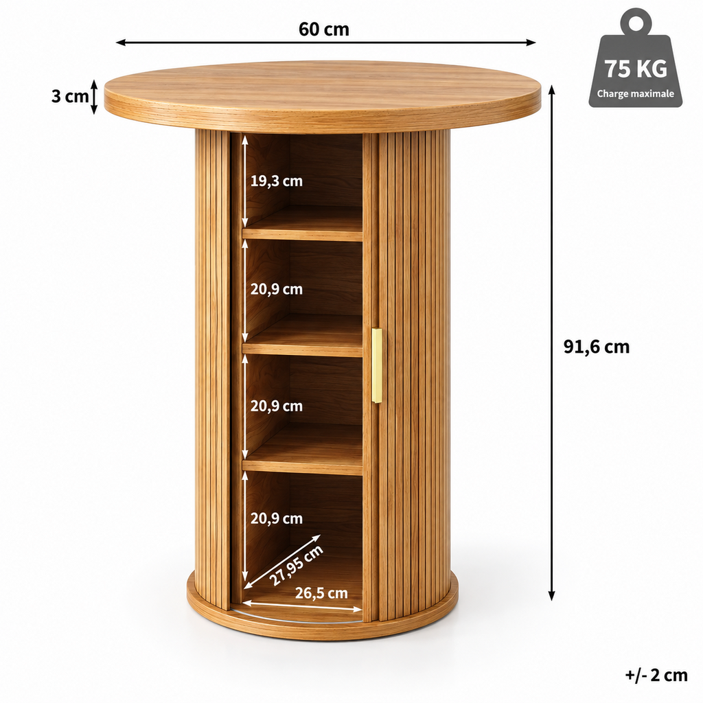 Table de bar ronde 60 cm avec meuble de rangement 4 étagères, effet bois