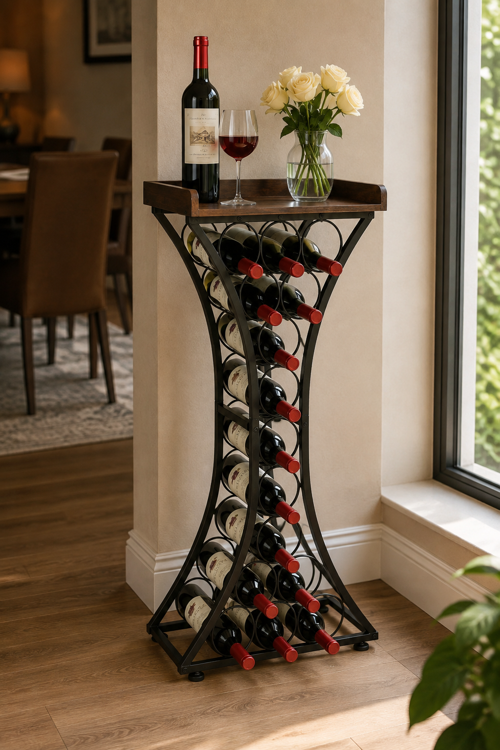 Porte-bouteilles sur pied 15 bouteilles, structure fer et plateau bois