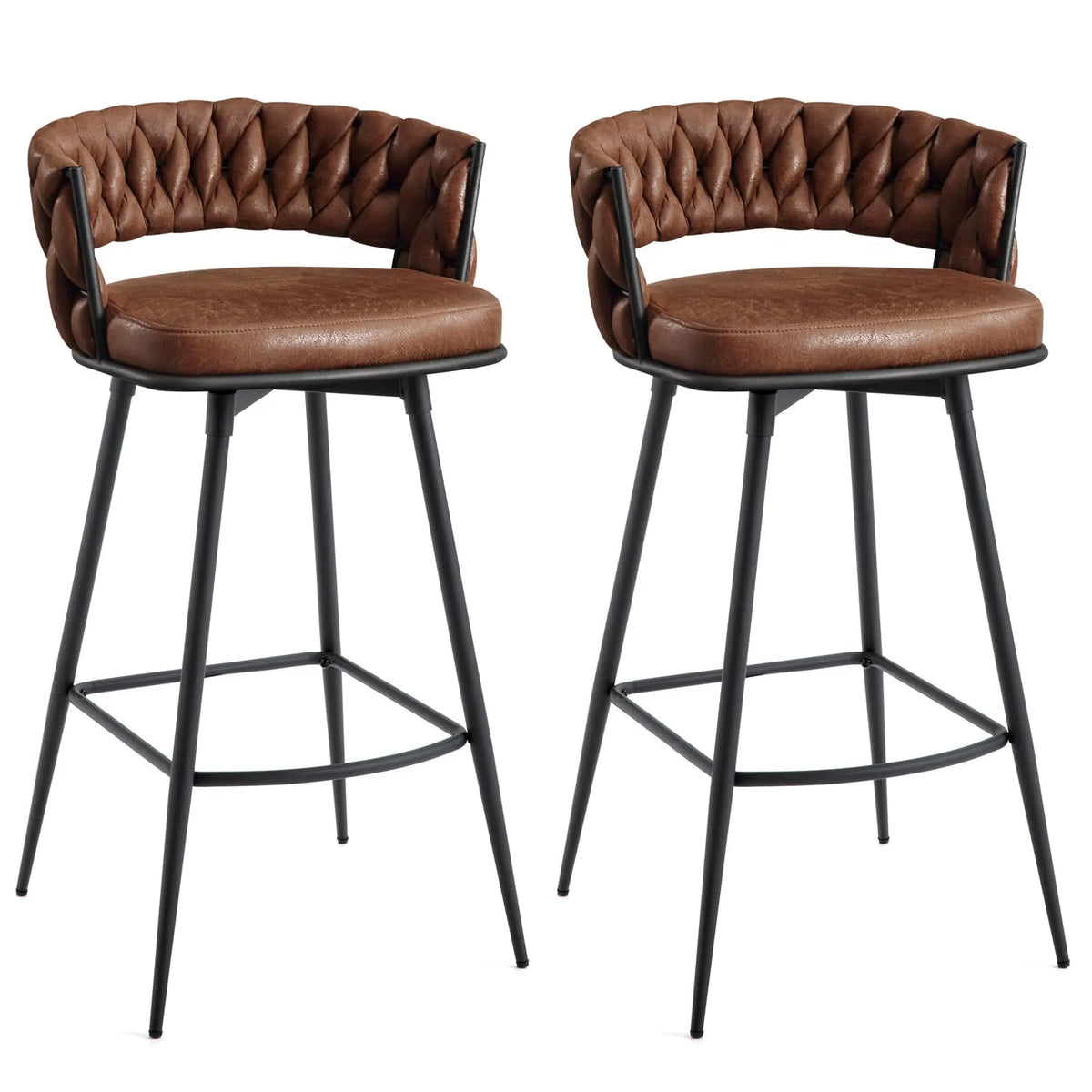 Lot de 2 tabourets de bar pivotants 180°, dossier et repose-pieds tressés, revêtement suédine, marron
