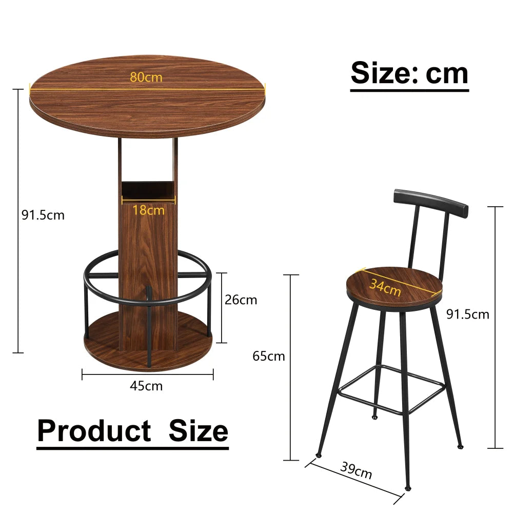 Ensemble table de bar ronde 80 cm et 2 tabourets, repose-pieds métallique, noir/noyer