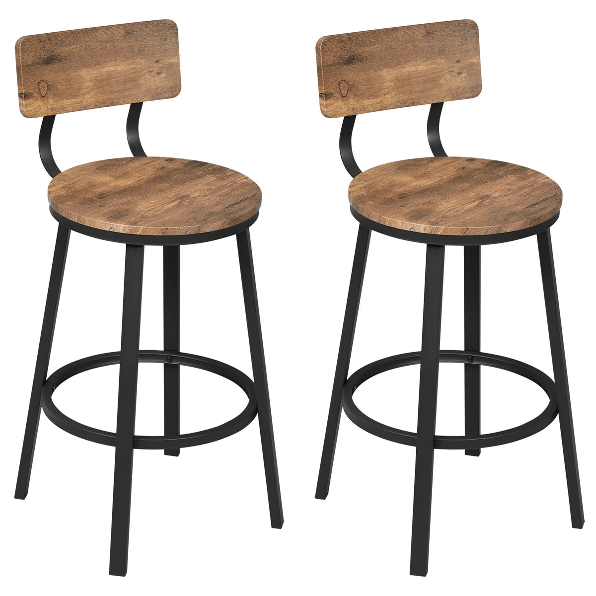 Lot de 2 tabourets de bar style vintage, bois et métal, repose-pieds