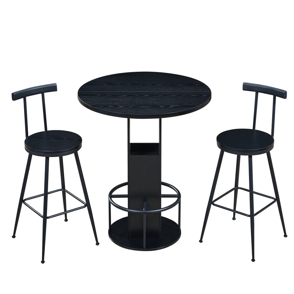 Ensemble table de bar ronde 80 cm et 2 tabourets, repose-pieds métallique, noir/noyer