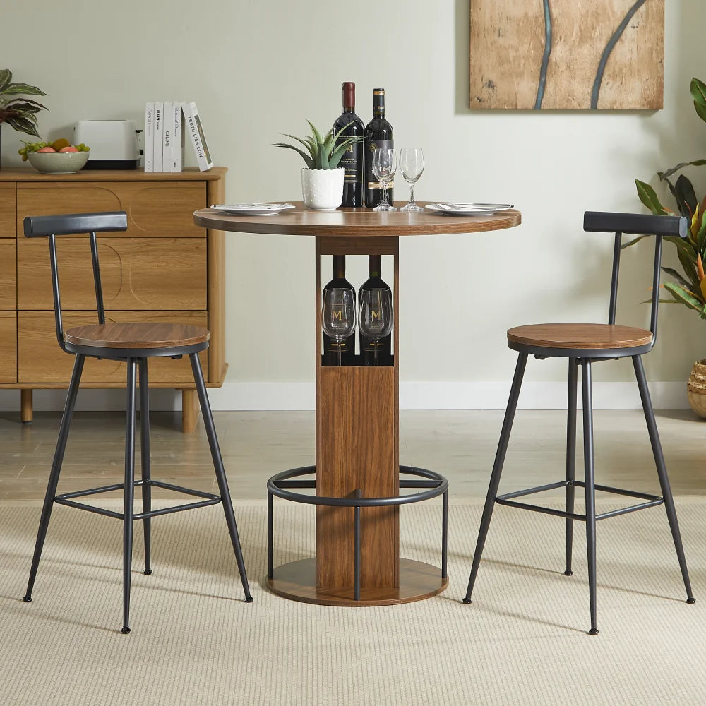 Ensemble table de bar ronde 80 cm et 2 tabourets, repose-pieds métallique, noir/noyer