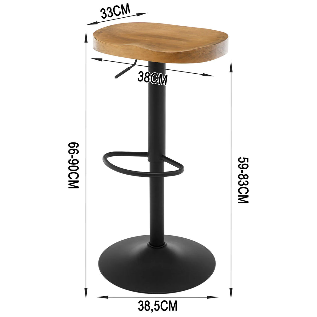 Lot de 2 tabourets de bar pivotants, assise selle en bois, réglables