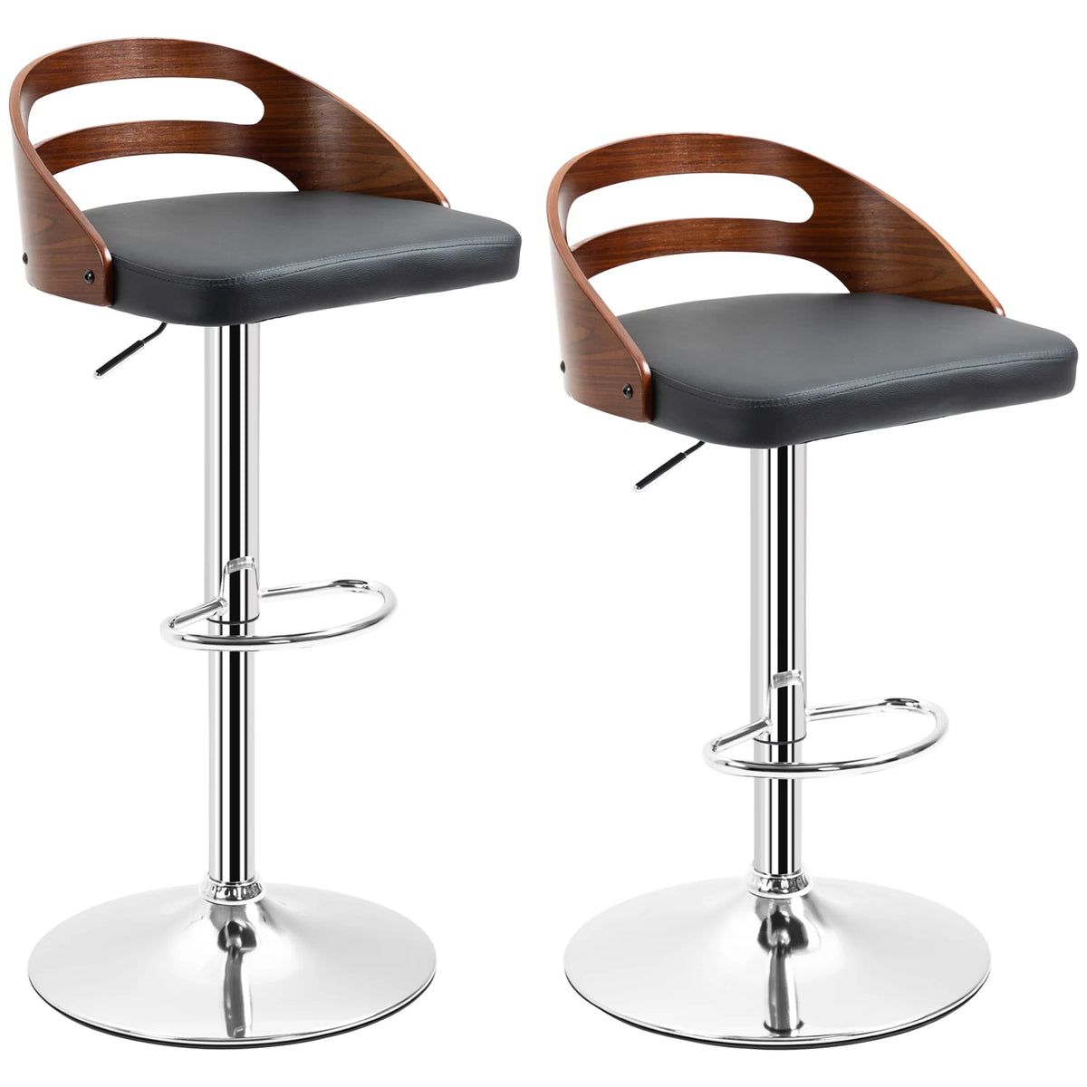 Lot de 2 tabourets de bar pivotants, hauteur réglable, revêtement synthétique noir