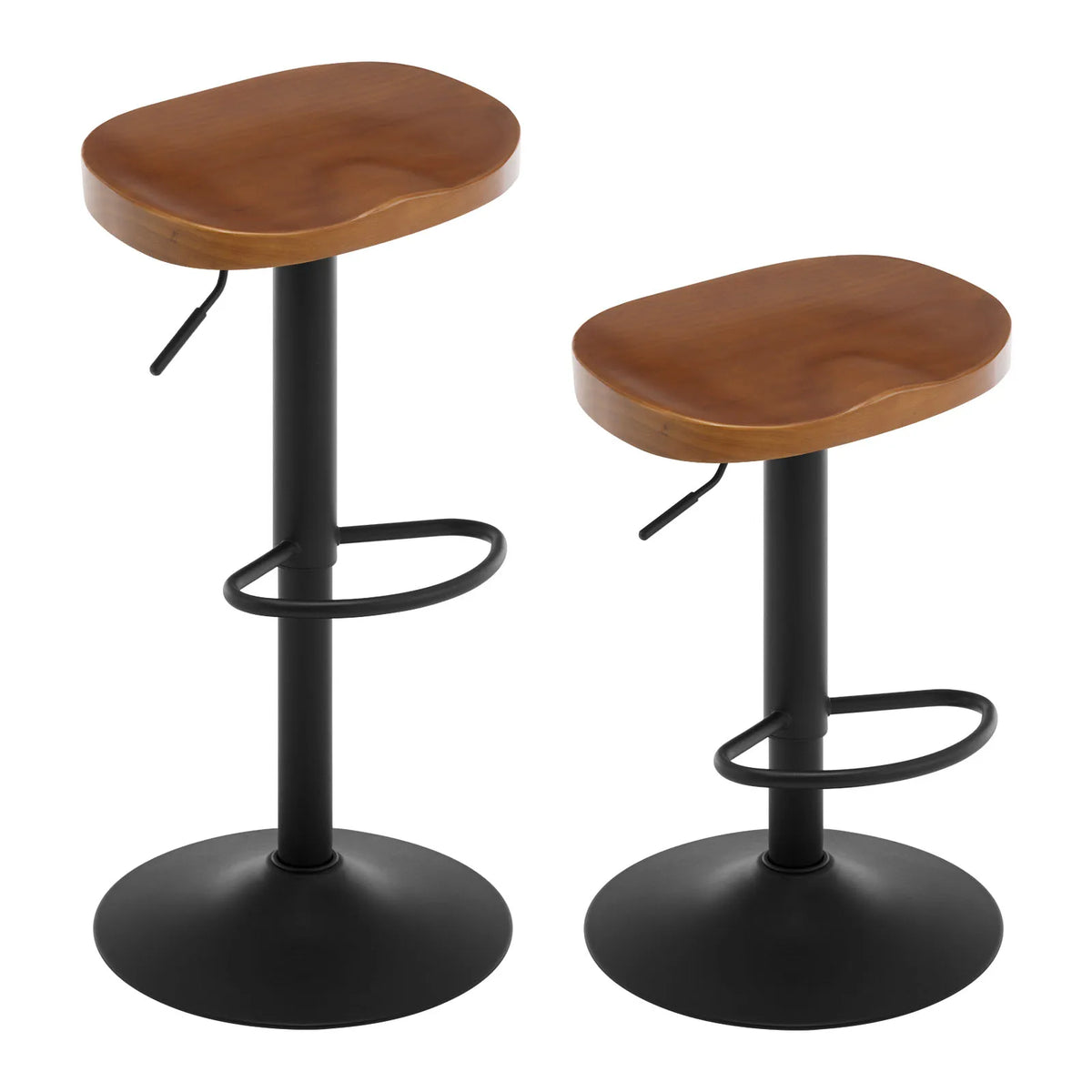 Lot de 2 tabourets de bar pivotants, assise selle en bois, réglables
