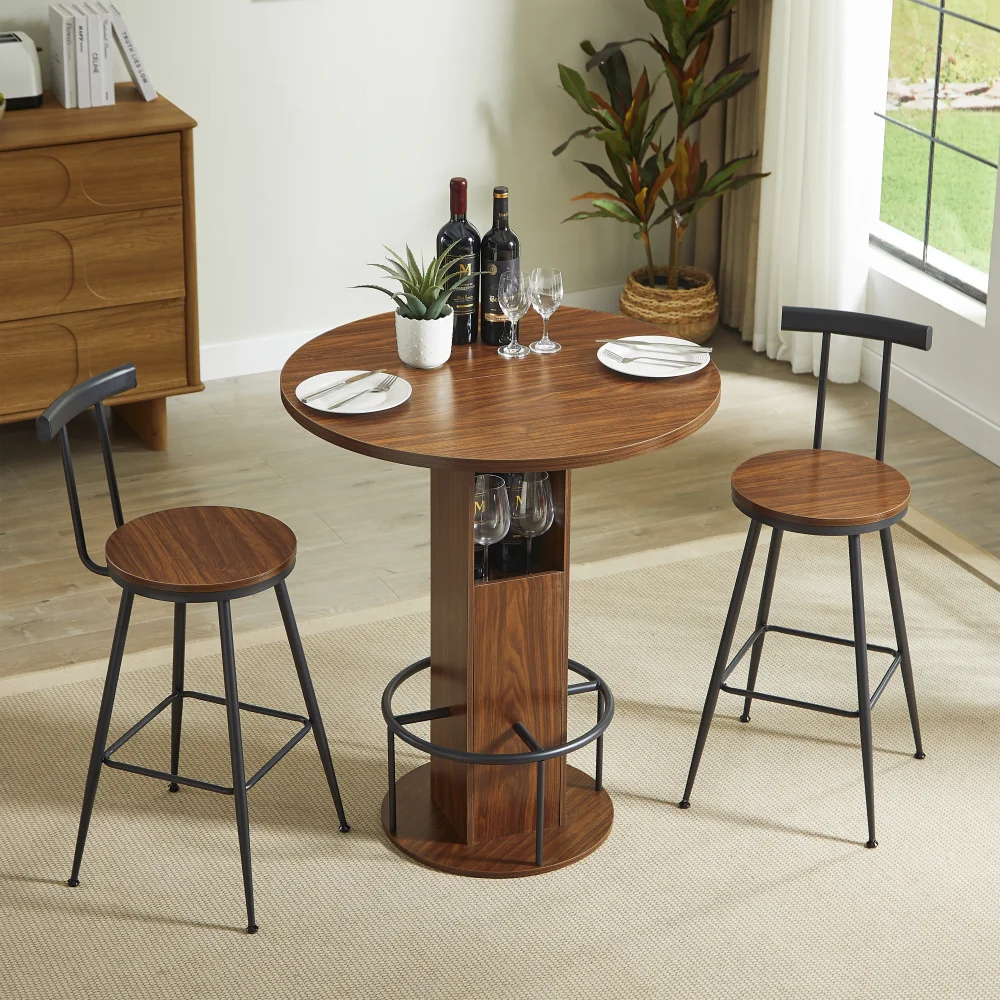 Ensemble table de bar ronde 80 cm et 2 tabourets, repose-pieds métallique, noir/noyer