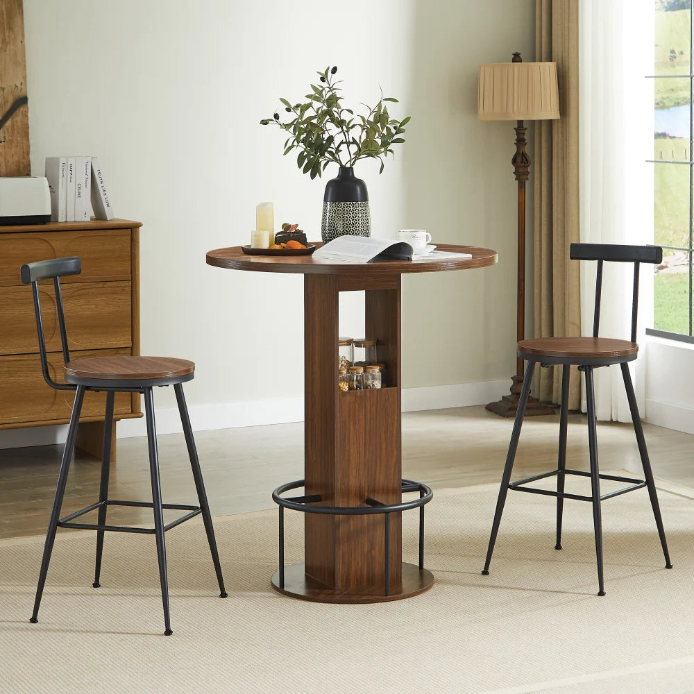 Ensemble table de bar ronde 80 cm et 2 tabourets, repose-pieds métallique, noir/noyer
