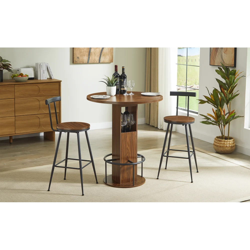 Ensemble table de bar ronde 80 cm et 2 tabourets, repose-pieds métallique, noir/noyer