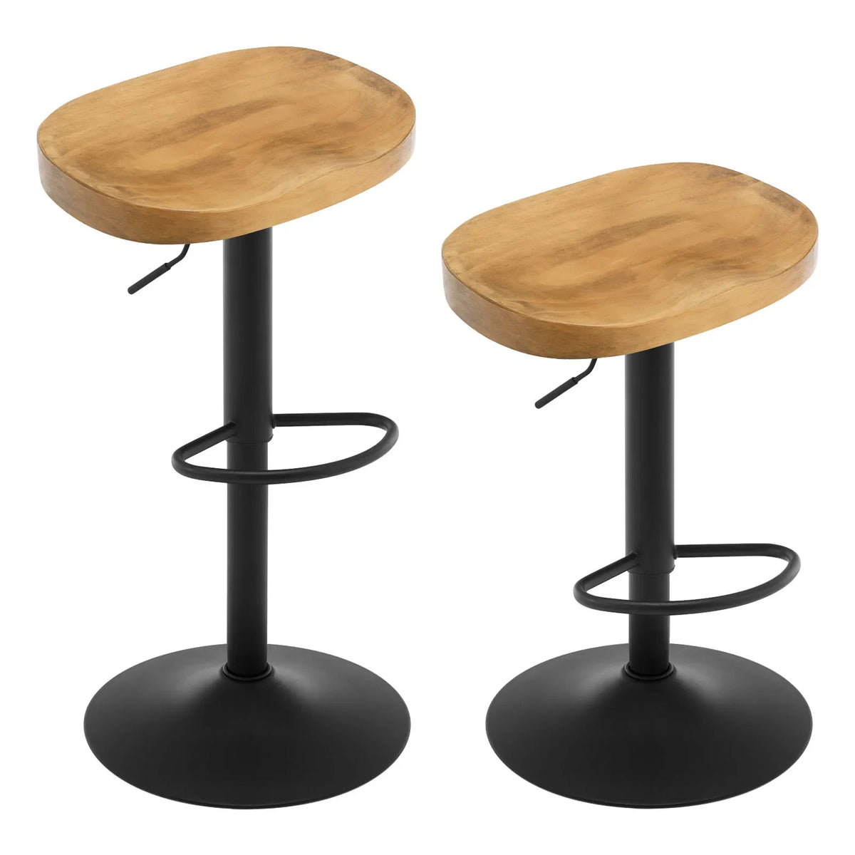Lot de 2 tabourets de bar pivotants, assise selle en bois, réglables