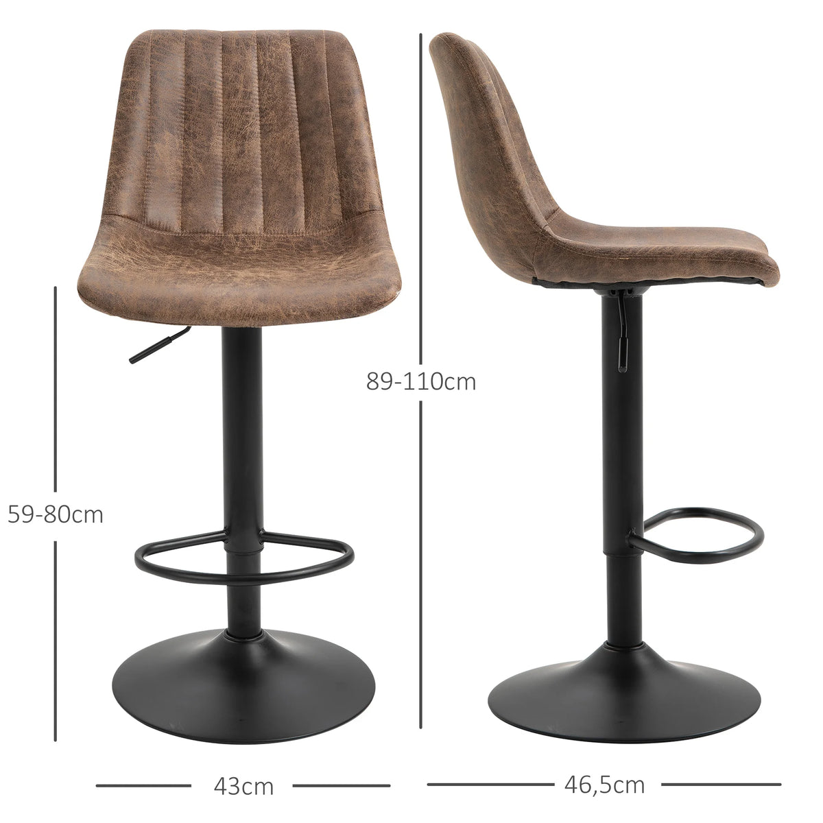 Lot de 2 tabourets de bar pivotants style vintage, réglables, marron